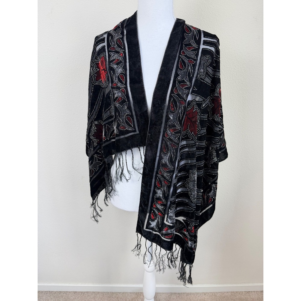 VTG Women Silk Burnout Velvet Wrap Shawl Scarf Artsy Black Red Whimsygoth Fringe